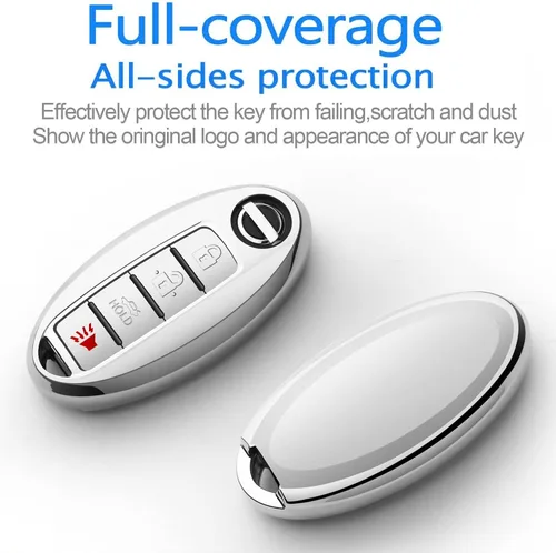 Miniatura 3 de Funda compatible con llavero Nissan con llavero de cuero, funda de protección de TPU suave para llave inteligente Altima Maxima Rogue Armada Plateado