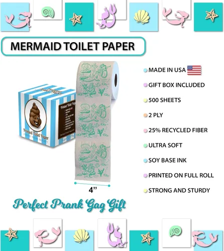 Miniatura 3 de Printed TP Papel higiénico de 2 capas con patrón de sirena, rollo de papel higiénico de baño verde novedoso, divertido papel higiénico