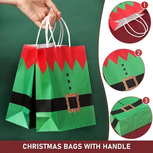 Miniatura 3 de Blulu 16 piezas de bolsas de regalo de papel para Navidad, elfos de Navidad con impresión de traje de elfo, bolsas de fiesta de Navidad con asa