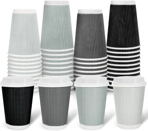Miniatura 18 de Whaline 100 tazas de café desechables de color azul polvoriento de invierno con tapas, tazas de papel azul degradado de 12 onzas, tazas calientes