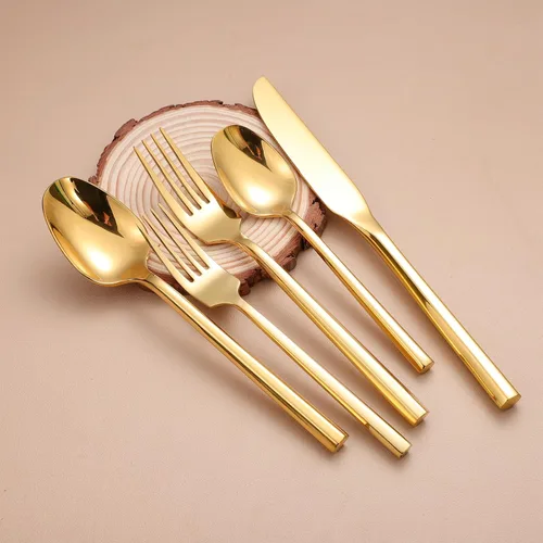 Miniatura 8 de Juego de Cubiertos Espejo Juego de Cubiertos Dorados con Mango Hexagonal 20 Piezas Juego de Cubiertos de Acero Inoxidable 18/0 Regalo de Boda e