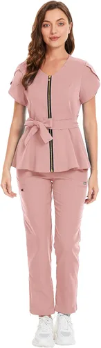 niaahinn Conjunto de ropa quirúrgica para mujer, uniforme médico, camiseta y pantalones con cremallera y cordón, ropa de trabajo dental