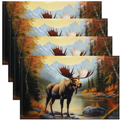 Miniatura 29 de Lodge - Juego de 4 manteles individuales de cabina con diseño de silueta de pino y oso gris, tapetes de cocina para mesa de comedor, animales