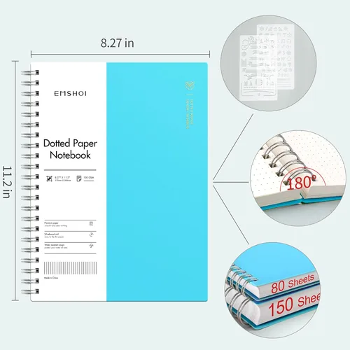 Miniatura 3 de EMSHOI Cuaderno de espiral A4, diario punteado de viñetas, 11.2" X 8.27", 300 páginas/150 hojas, papel de cuadrícula de puntos de 100gsm, tapa