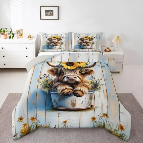 Miniatura 25 de Juego de ropa de cama de vaca de las tierras altas, edredón de ganado de las tierras altas, juego de edredón rosa floral de vaca occidental, juego