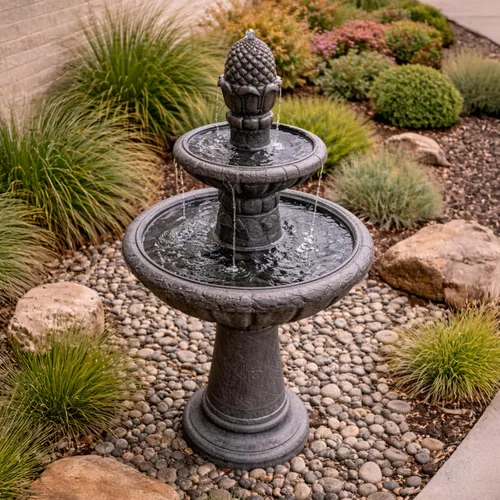Miniatura 13 de Teamson Home Fuente de agua en cascada de piedra apilada de 4 niveles para exteriores de 28.5 pulgadas con luces LED, gris