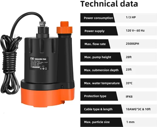 Miniatura 3 de Bomba de agua sumergible, 1/3 HP 2500 GPH Bomba de drenaje de agua limpia eléctrica portátil para drenaje de piscinas, inundaciones, piscina y sótano