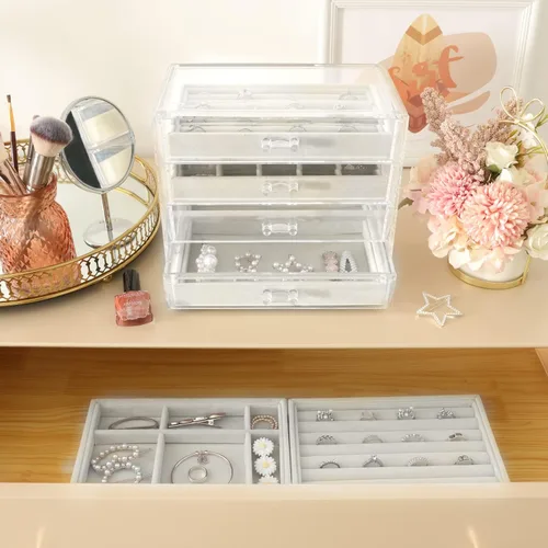 Miniatura 6 de Mebbay Joyero de acrílico con 4cajones, organizador de joyas de terciopelo