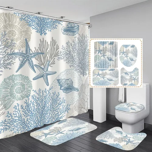 Miniatura 10 de Nkzply 4 piezas de cortina de ducha de playa azul, juegos de baño con cortina de ducha y alfombras, juego de cortina de ducha de océano, decoración