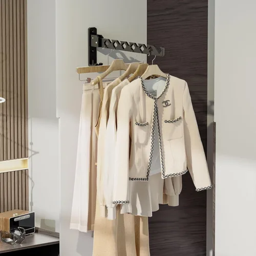 Miniatura 9 de Soporte para colgar abrigos de pared, organizador de secado de ropa negro, ganchos de aluminio retráctiles plegables para interiores para colgar