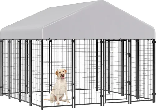 Miniatura 14 de PawHut Jaula de 4' x 4' x 6' para perros al aire libre, Jaula de alambre soldado para perros con rotación de 360° y cuencos ajustables de 4 niveles