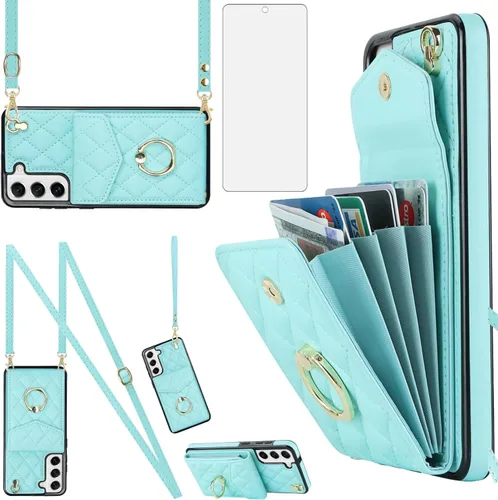 Asuwish Funda de teléfono para Samsung Galaxy S21 FE 5G Funda tipo cartera con protector de pantalla de vidrio templado y anillo cruzado con bloqueo