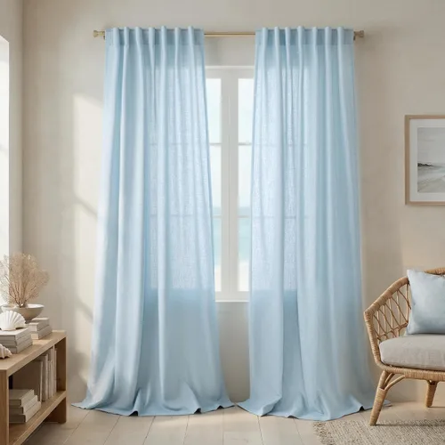 Cortinas de lino azul claro de 90 pulgadas de largo para sala de estar, dormitorio de niñas, guardería, decoración acogedora de verano, bolsillo