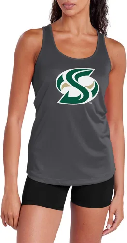 Miniatura 220 de Camiseta deportiva sin mangas oficial de la NCAA Collegiate para mujer, con espalda cruzada, logotipo primario, colección carbón