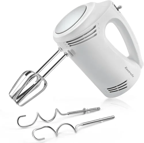 Hand Mixer 350 Watt, 5 Speeds, Stainless Steel Whisk & Dough Hook (Dishwasher Safe), Ergonomic Handle, Long Cable, BPA Free - White KS1