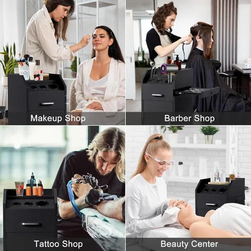 Miniatura 8 de Winado Carrito de almacenamiento de peluquería con ruedas y 3 soportes para secador de pelo, 4 cajones y cerradura y 2 llaves, estación de Negro
