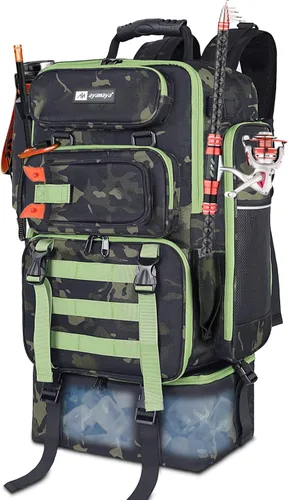 Ayamaya - Mochila de pesca con enfriador, mochila de aparejos de 45L con soportes para cañas y bolsa de almuerzo aislada, gran mochila de pesca al