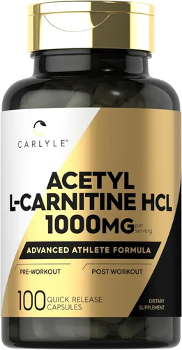Carlyle Acetil L-Carnitina HCl | 1000 mg | 100 Cápsulas | Fórmula Avanzada para Atletas | Suplemento Pre-Entrenamiento | Sin OGM y Sin Gluten