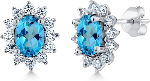 Miniatura 183 de Gem Stone King Aretes ovalados de plata de ley 925 de 0.276 x 0.197 in con piedra natal de la princesa Diana, estilo halo real para mujeres