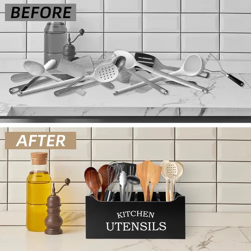 Miniatura 5 de Soporte para utensilios de cocina de madera, extra grande, 4 compartimentos, con parte inferior de drenaje para encimera, organizador