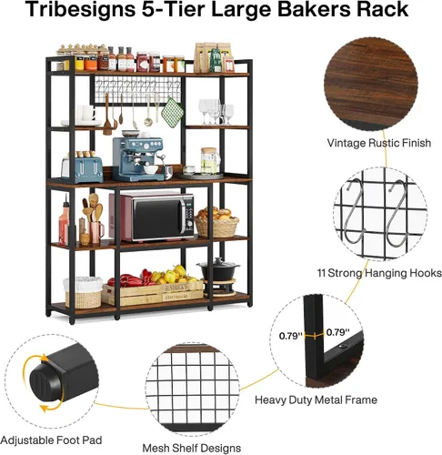 Miniatura 11 de Tribesigns Estante Grande para Panaderos, Aparador de Cocina de 55" de Ancho Soporte para Microondas con 11 Ganchos, Estante de Panadero de 5