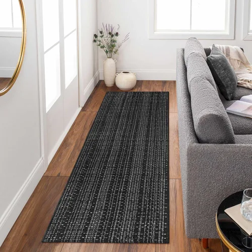 Miniatura 8 de Alfombra de baño estilo bohemio, 2 x 3 pies, alfombra de algodón tejida a mano para entrada, reversible, lavable, alfombra estilo granja, color Negro
