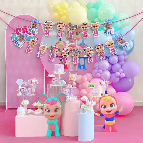 Cartel de feliz cumpleaños de Cri Babes, decoración de fiesta temática de dibujos animados de muñeca de bebé, colorido cartel colgante para