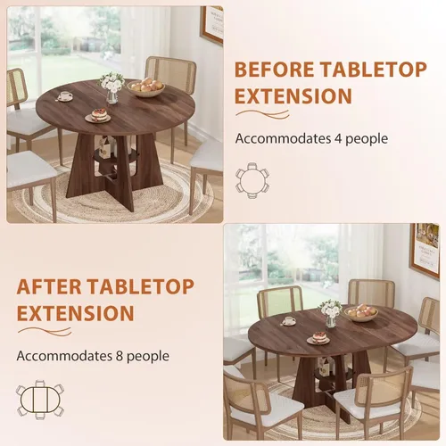 Miniatura 6 de Mesa de comedor redonda extensible para 4-8, mesa de comedor moderna de cocina de 43.3 a 59 pulgadas con estante de almacenamiento, mesa de comedor