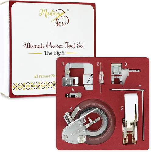 Madam Sew Big 5 accesorios para pies de costura en estuche de lujo con folleto y adaptador a presión de vástago bajo | Incluye pie para caminar, pie