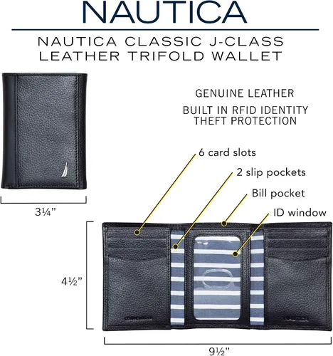 Miniatura 48 de Nautica Men's Trifold Wallet RFID Blocking Protection ID Window Card Slots Genuine Leather Durable