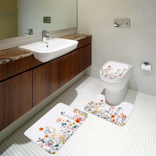 Miniatura 5 de Juego de alfombras y tapetes de baño, juego de 3 piezas de alfombra de baño, alfombra de baño de flores, ultra suave, absorbente, peluda, gruesa