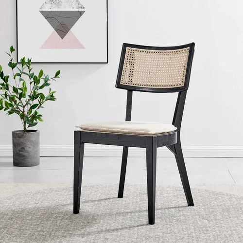 Miniatura 2 de Modway Caledonia - Silla de comedor de madera con caña de ratán en color beige negro - Juego de 2
