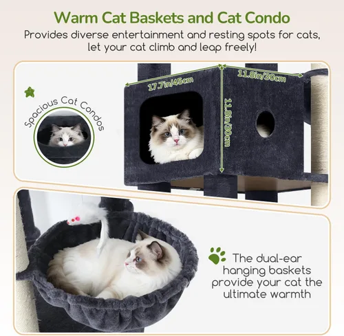 Miniatura 3 de Globlazer Árbol para gatos resistente de 83 pulgadas, torre gigante para gatos con 2 condominios y 3 cestas colgantes, condominio alto de varios