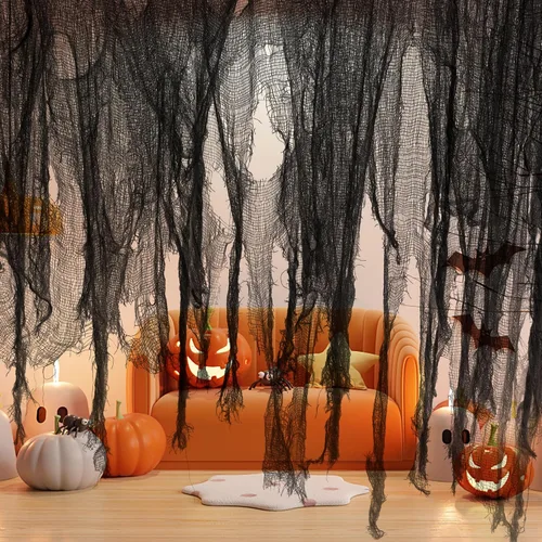 Miniatura 9 de Tela espeluznante de Halloween de 200 x 59 pulgadas, decoraciones de Halloween espeluznantes negras, gasa espeluznante de gran