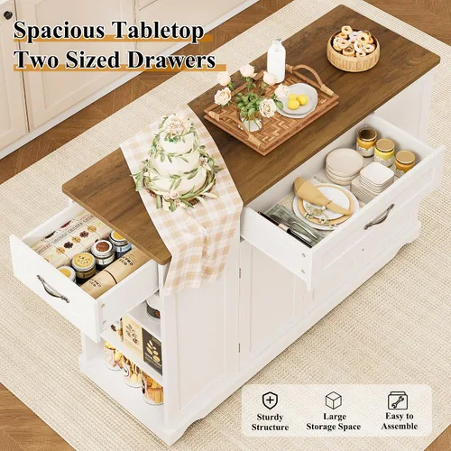 Miniatura 7 de HOSTACK Carrito de Isla de Cocina con Almacenamiento, Isla de Almacenamiento de Cocina de 47'' sobre Ruedas con 2 Cajones, Mesa de Isla Rodante