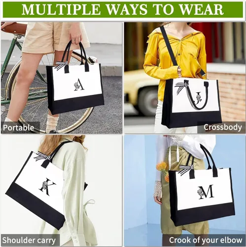 Miniatura 4 de YOOLIFE Bolsa de lona personalizada con inicial con bolsa de maquillaje, bolsa de playa con cremallera correa ajustable, regalos de cumpleaños