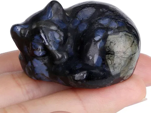 Miniatura 13 de LAIDANLA Estatua de gato dormido de obsidiana negra, cristales curativos tallados a mano, bonita escultura de figura de gatito de 1.6 pulgadas