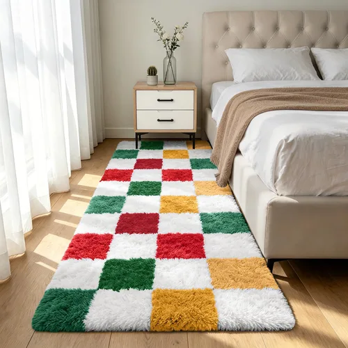 Miniatura 35 de Alfombra peluda para dormitorio, sala de estar, 2 x 6 pies, antideslizante, esponjosa, suave, alfombra lanuda beige y blanca para sala de estar