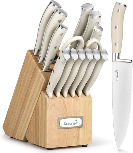 Miniatura 10 de Juego de cuchillos de chef Kuisine, juego de cuchillos de acero inoxidable de alto carbono afilados con mango ergonómico, juego de bloques de Blanco