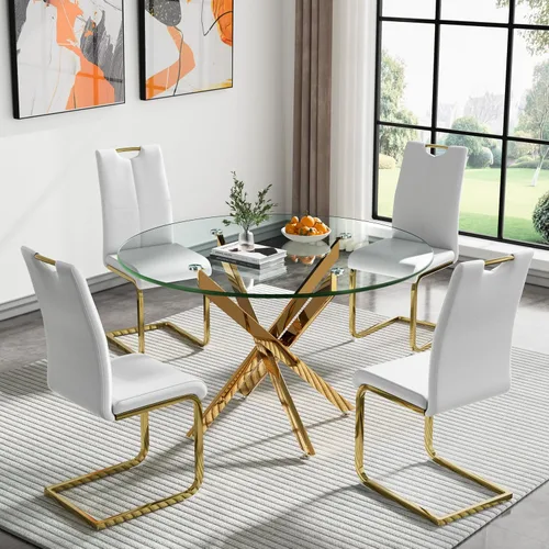 Miniatura 44 de Juego de mesa de comedor redonda de 3 piezas para 2, mesa de cocina moderna de vidrio plateado y sillas para 2 con sillas tapizadas, juego de mesa