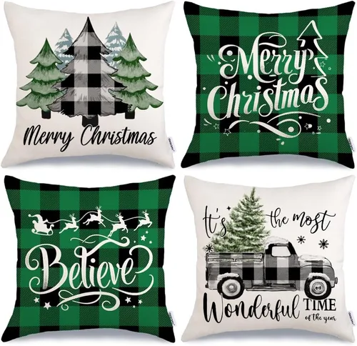Miniatura 14 de GEEORY Fundas de Almohada Decorativas Feliz Navidad 16x16 Pulgadas Juego de 4, Árboles de Navidad Camión Cuadros Buffalo Azul Believe Estilo Granja