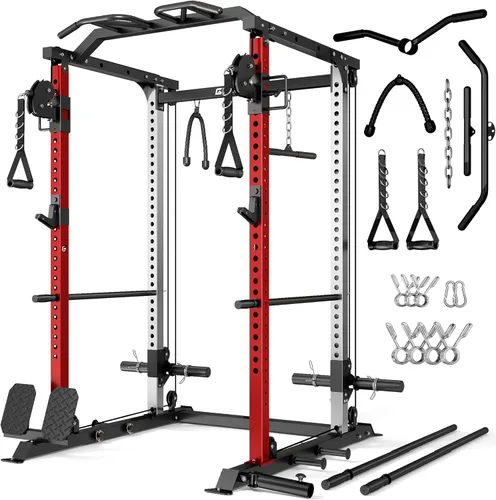 DP01 - Jaula de potencia, estante para sentadillas de 2000 libras con cable cruzado y sistema de polea doble independiente, jaula completa para Rojo