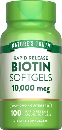 Nature's Truth Biotin 10,000mcg | Cápsulas blandas de liberación rápida | 100 unidades | Suplemento sin OMG y sin gluten