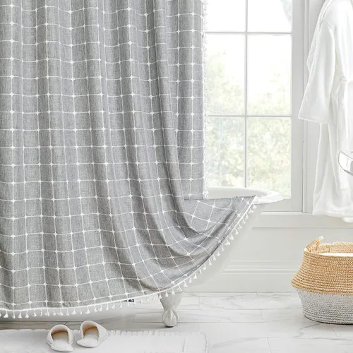 Miniatura 13 de MitoVilla Juego de cortinas de ducha estilo bohemio, modernas cortinas de ducha bohemias para decoración de baño, cortina de ducha de tela de lino