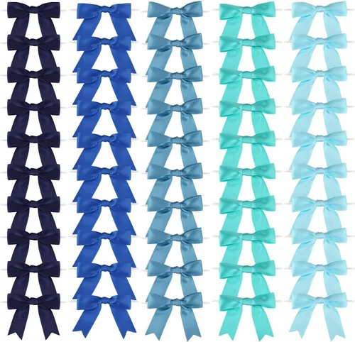 Miniatura 2 de Meseey 50 lazos preatados de cinta de satén azul polvoriento, surtidos con lazo torcido, lazos preatados de 2.5 pulgadas para bolsas de golosinas