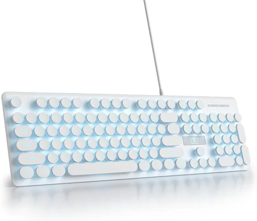 Miniatura 12 de Teclado de máquina de escribir retro con cable, teclado silencioso de computadora iluminado con 104 teclas redondas de tamaño completo, Azul