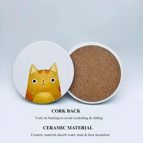 Miniatura 5 de Juego de 6 posavasos redondos absorbentes de piedra de cerámica lindos para bebidas de gato para tazas y tazas, mesa de café, escritorio de oficina