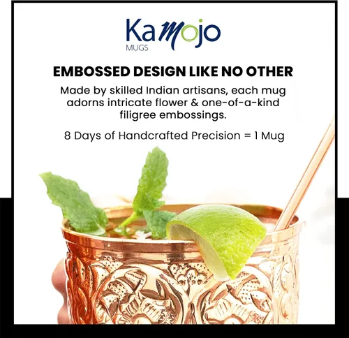 Miniatura 2 de Kamojo Moscow Mule Cups - Juego de 4 tazas de cobre Moscow Mule de primera calidad con diseño único en relieve y antideslustre, revestimiento