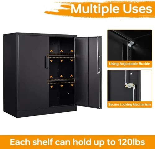 Miniatura 5 de Armario de almacenamiento de metal con 2 puertas, gabinete de almacenamiento de acero con cerradura con 2 puertas y estantes ajustables, gabinete