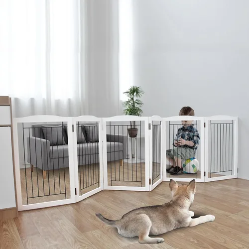 Miniatura 33 de ZJSF Puerta plegable independiente para perros, puerta de madera extra ancha blanca para cachorros, 6 paneles, puertas altas para mascotas